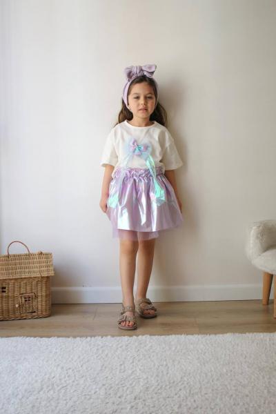 MOR VARAKLI PARLAK TÜL DETAYLI ETEKLİ KURDALE BASKILI Alt Üst Takım